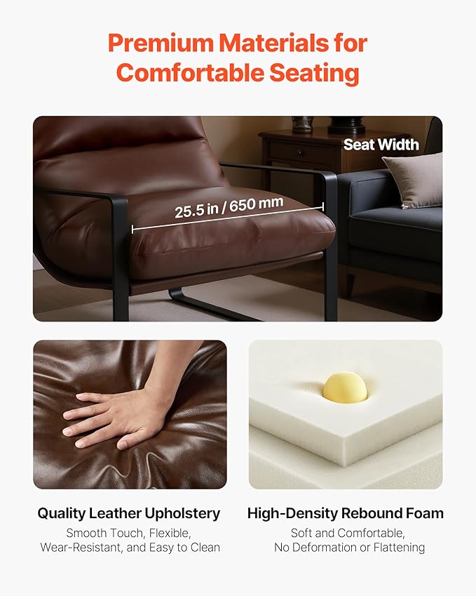 VEVOR Accent Chair, Modern PU Leather Armchair, Cozy Upholstered Chair, with Soft Foam Cushioning, Sturdy Metal Frame, and Detachable Cushion, for Living Room, Bedroom, Reading Room, Office, Brown
