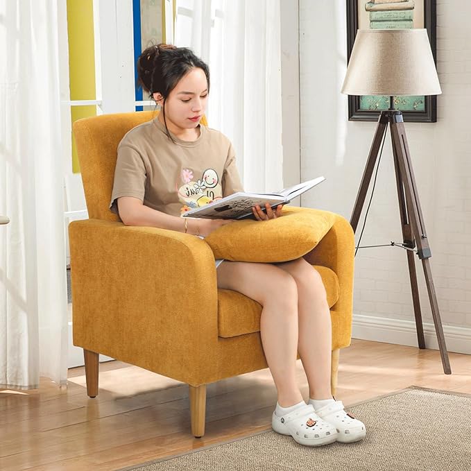 Athena Collection Armchair Modern Accent Chair Upholstered Sofa Chair with High Back, Linen Lounge Living Room Chair Single Reading Seat with Pillow & Thick Seat Cushion for Bedroom, Yellow