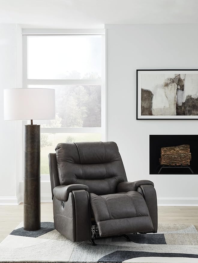 Signature Design by Ashley Trumble Modern Faux Leather Manual Rocker Recliner with Track Arms, Gray