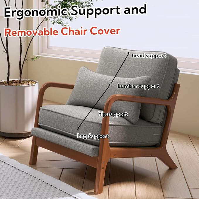 Mid-Century Accent Chair Set of 2,Linen Fabric Lounge Chair with Wide Armrest,Linen Fabric Armchair withLumbar Pillow & Solid Wood Frame for Living Room, Bedroom, Balcony(Light Gray)
