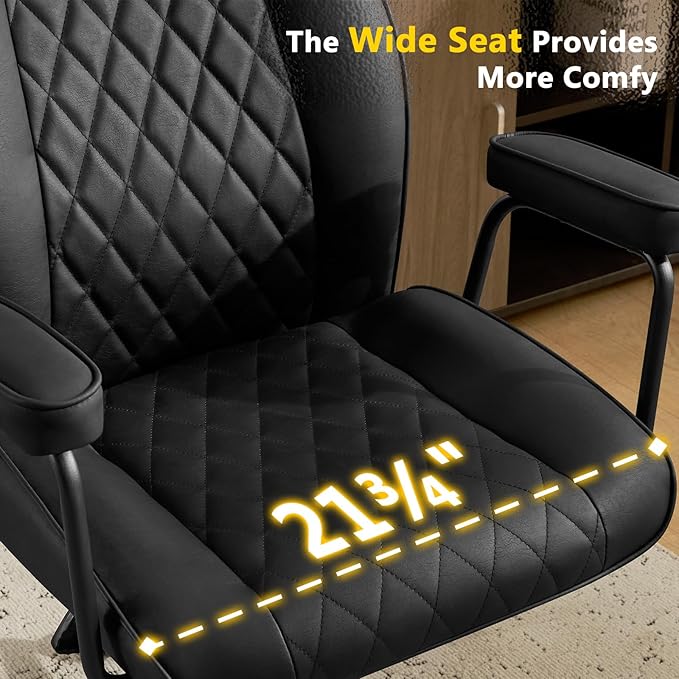 Leather Home Office Desk Chairs, Comfy Office Chair, Mid Century Modern Office Chair with Lumbar Support, Mid-Back Adjustable Swivel Computer Chair with Wheels and Arms, Black