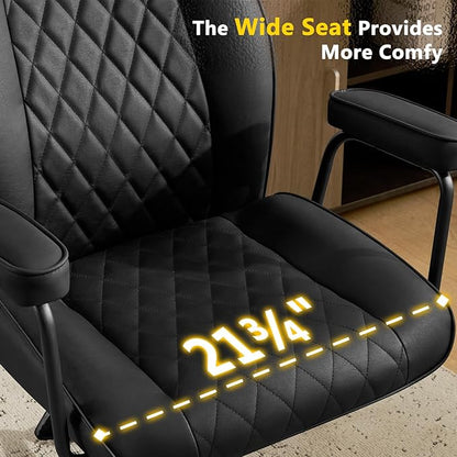 Leather Home Office Desk Chairs, Comfy Office Chair, Mid Century Modern Office Chair with Lumbar Support, Mid-Back Adjustable Swivel Computer Chair with Wheels and Arms, Black