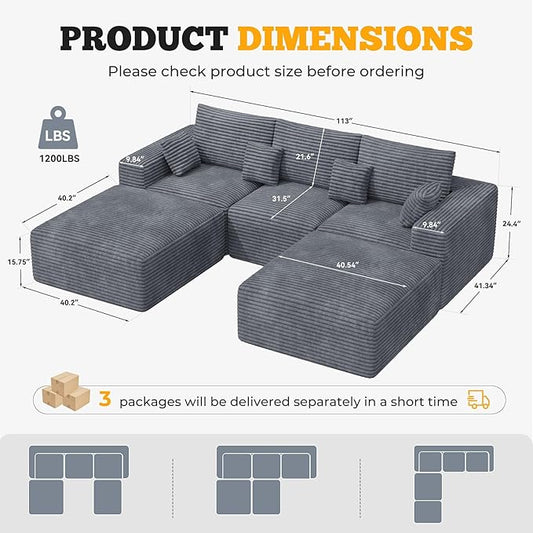 113" Modular Sectional Sofa, Convertible U-Shaped Cloud Couches for Living Room with Ottoman, 5 Seater Corduroy Boneless Couch Sofa Set, No Assembly Required, Grey 1 PCS