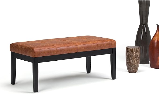 SIMPLIHOME Lacey 41 inch Wide Contemporary Rectangle Tufted Ottoman Bench in Distressed Saddle Brown Vegan Faux Leather, Assembled, For the Living Room and Bedroom