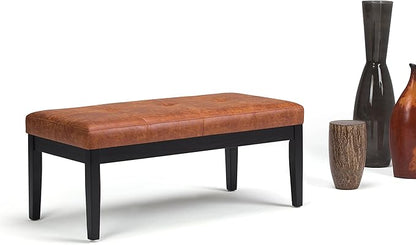 SIMPLIHOME Lacey 41 inch Wide Contemporary Rectangle Tufted Ottoman Bench in Distressed Saddle Brown Vegan Faux Leather, Assembled, For the Living Room and Bedroom