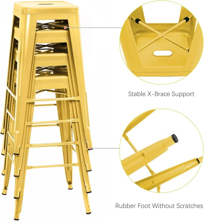 Furniwell 30 Inches Metal Bar Stools High Backless Tolix Indoor-Outdoor Stackable Barstool with Square Counter Seat Set of 4 (Yellow)