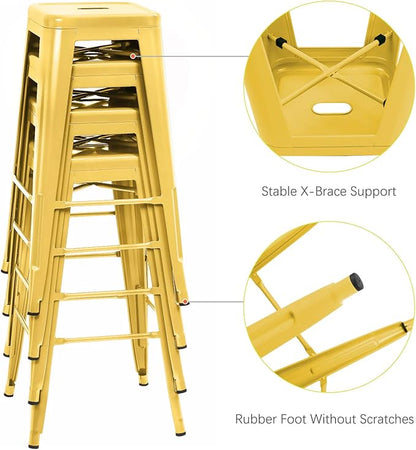 Furniwell 30 Inches Metal Bar Stools High Backless Tolix Indoor-Outdoor Stackable Barstool with Square Counter Seat Set of 4 (Yellow)