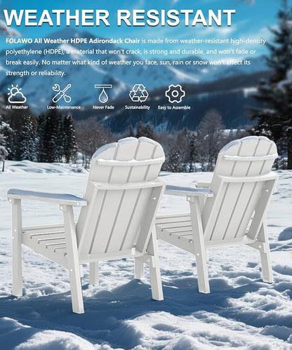 Adirondack Chair, All Weather HDPE Fire Pit Chairs, Oversized Plastic Adirondack Chair for Outdoor, Balcony, Deck, Backyard, Patio, Garden, Poolside, Lawn White