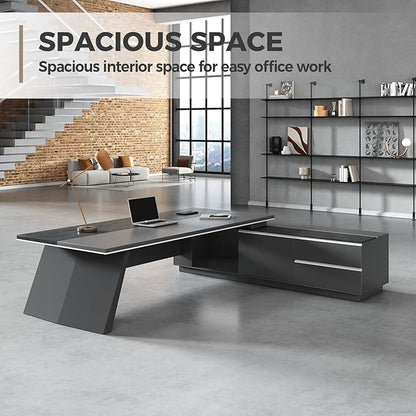 Modern L Shape Executive Desk with Storage Drawers – Large Black Corner Office Desk for Home Workspace, Spacious Executive Desk with Cabinets (Black/Right, 87" L * 63" W * 30" H)