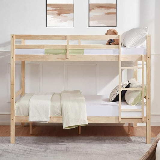 Softa Full Over Full Bunk Bed with Thick Posts,Wooden Bunk Bed with High Guardrail and Ladder for Kids, Teens, Dorm Rooms, and Guest Rooms,No Box Spring Needed, Natural
