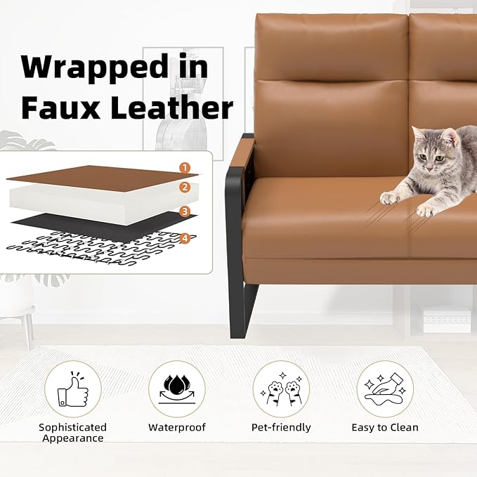 Modern Leather Loveseat, Small Sofa with Side Tray & Pocket, Upholstered Mini Couch for Living Room, Office, Guest Room, Brown