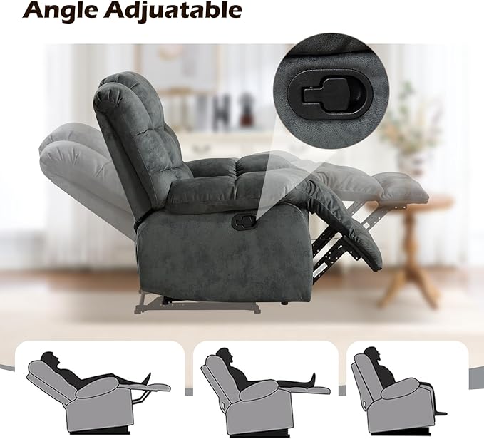 EBELLO Manual Recliner Chair, Overstuffed Reclining Sofa with Soft Padded Headrest and Armrest, Soft Fabric Single Couch for Living Room, Grey Green
