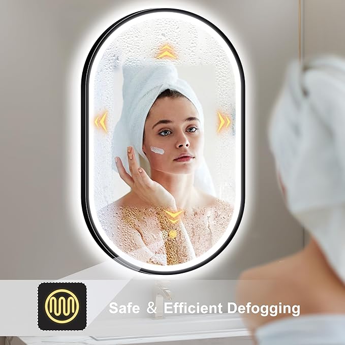 S'bagno 24x36 Oval Black LED Mirror for Bathroom with Frontlit & Backlit, LED Bathroom Mirror with Metal Frame, Anti-Fog, Stepless Dimmable, 3 Colors Temperature LED Vanity Mirror(Horizontal/Vertical)