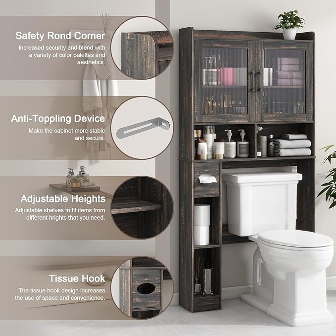 Over-The-Toilet Storage Cabinet, Farmhouse Style with 2 Acrylic Waves Doors, Space-Saving Home Storage Rack for Restroom, Bathroom and Laundry Room