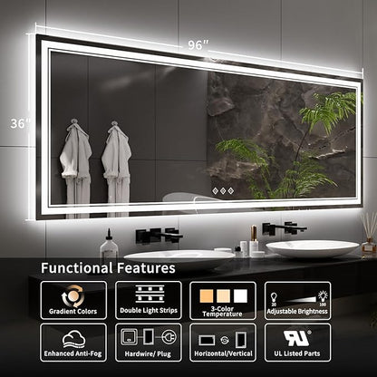Bathroom Mirror with Lights, 96x36 Inch Gradient Front and Backlit Big Lighted Bathroom Mirror, 3 Colors Dimmable CRI>90 Double Lights, IP54 Enhanced Anti-Fog, Wall Mount LED Mirror
