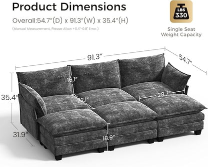 KKL 91.3" Large Modular Sectional Sofa Bed, 6 Seater Convertible J/L-Shaped Sleeper Cloud Couch with Ottoman, Chenille Sectional Couches for Living Room, Apartment, Grey