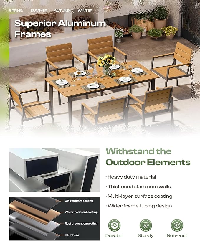 Outdoor Dining Set for 6, Outdoor Table and Chairs Set with Umbrella Hole, Patio Dining Sets, 7 Pieces HDPS Outdoor Furniture Sets for Patio, Garden, Backyard (Gray & Teak)