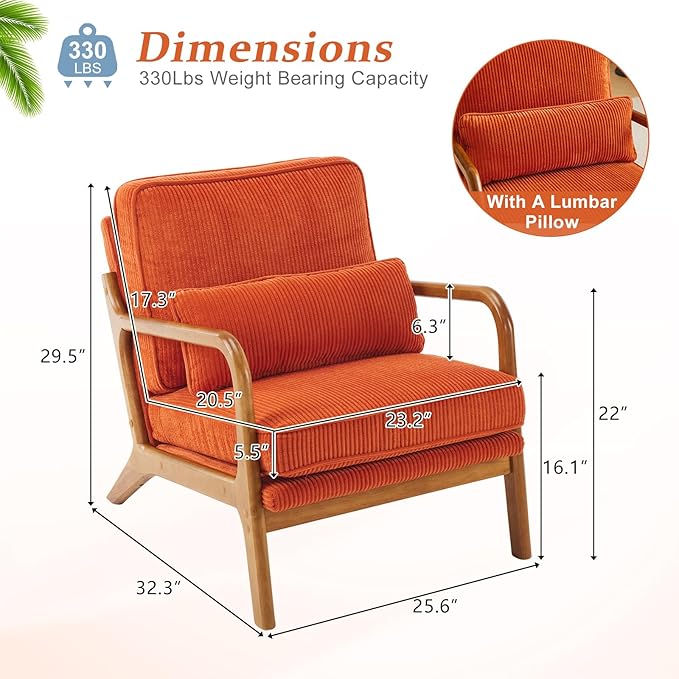 VINGLI Upgraded Premium Corduroy Accent Chair,Upholstered Arm Chair,Solid Wood Comfy Reading Chair with Lumbar Pillow, Mid Century Modern Chairs for Living Room,Bedroom,Burnt Orange