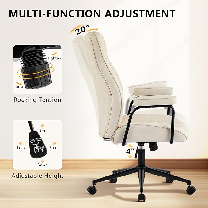 Leather Home Office Desk Chairs, Comfy Office Chair, Mid Century Modern Office Chair with Lumbar Support, Mid-Back Adjustable Swivel Computer Chair with Wheels and Arms, Beige