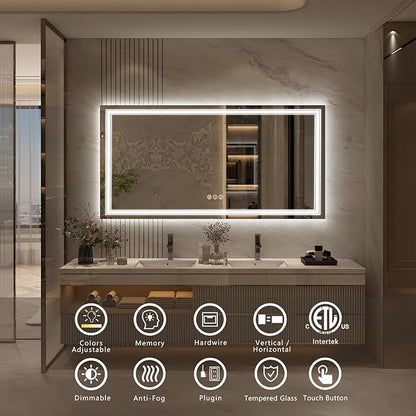 55x30 LED Lighted Bathroom Mirror for Wall, Large Dimmable Vanity Mirror with Lights, Anti-Fog, Shatterpoof, Memory, ETL Listed (Backlit + Front Lit)