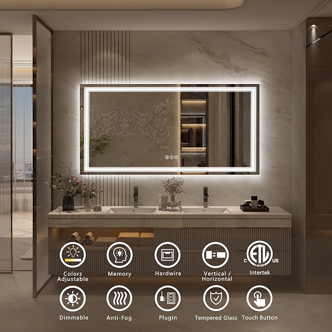 60x28 LED Lighted Mirror for Bathroom Wall, Large Vanity Mirror with Lights, Dimmable, Shatterpoof, Anti-Fog (Backlit and Front Lighted)
