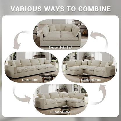 Cloud Couches Linen Sleeper Sofa Bed,Modern Sectional Sofa Couch for Living Room,Cushion Covers Removable,Cozy Feather Down Sofa for Apartment Beige