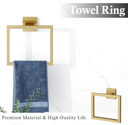 10-Piece Brushed Gold Bathroom Accessories Set – 23.6" Towel Bar, Towel Ring, Toilet Paper Holder & Hooks, Wall Mounted Bathroom Hardware, Rust & Corrosion-Resistant, Ideal for Modern Bathrooms