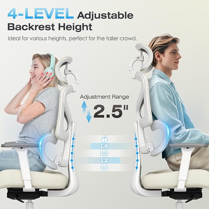 Ergonomic Office Chair, High Back Mesh Desk Chair with 4-Position Height Adjustable Back, 3D Armrests, Adaptive Lumbar Support, 3-Level Tilt Function, 3D Headrest, Comfy Computer Gaming Chairs