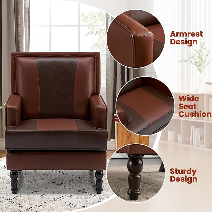 MOJAY Faux Leather Accent Chairs Set of 2, Mid-Century Modern Upholstered Lounge Armchair, Comfy Club Chair for Living Room, Bedroom, Study & Reception (Brown)