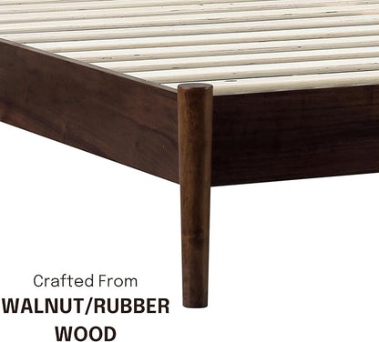 NTC Inno Wooden Bed Frame with Headboard, Solid Oak and Rubber Wood Foundation with Silent Slats and Wood Central Supports, 1000 Lb Capacity, Effortless Assembly, Queen - Dark Walnut