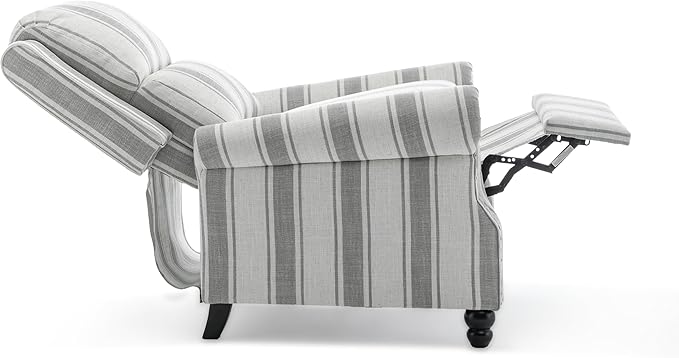 Pushback Recliner Chair, Comfy Fabric Wingback Recliner Chair, Upholstered Armchair Push Back Recliner with Wood Legs, Rivet Trim Single Sofa Accent Chair for Living Room, Bedroom, Gray Stripe