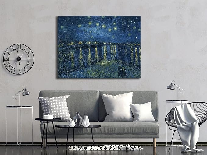 Wieco Art Starry Night Over The Rhone by Van Gogh Classical Oil Paintings Reproduction Large Modern Stretched and Framed Canvas Print Wall Art Seascape Pictures Giclee Artwork for Home Office Decor