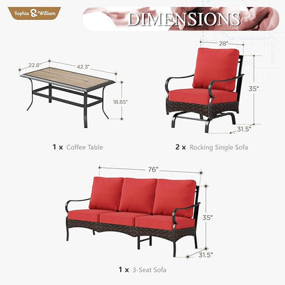 Sophia & William Patio Furniture Set, 4 Piece Metal Outdoor Conversation Set with 3-Seater Outdoor Couch, 2 Sofa Chairs, 1 Coffee Table for Outdoor Seating, Backyard, Porch(Red)