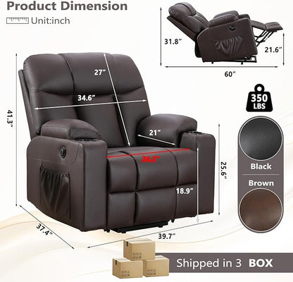 ANJ Brown Power Lift Recliner Chair for Elderly with Heat & Massage, Faux Leather Electric Recliner Sofa with Cup Holders, USB Port & Side Pockets, Heavy Duty Reclining Chair for Seniors