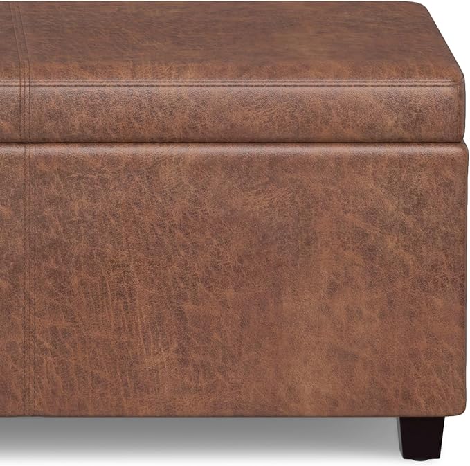 SIMPLIHOME Avalon 54 Inch Wide Contemporary Rectangle Extra Large Storage Ottoman Bench in Distressed Saddle Brown Vegan Faux Leather, Assembled, For the Living Room, Entryway and Family Room