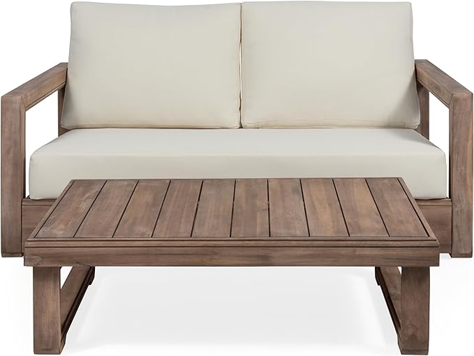 Christopher Knight Home Rammus 2 Pieces Outdoor Conversation Set, Acacia Wood Chat Set, Rectangular Coffee Table and Patio Loveseat Sofa, Slat Design Patio Furniture Set for Garden, Beige + Brown