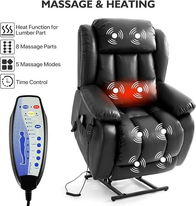 EDILLY Extra Large Power Lift Recliner Chairs for Elderly,Infinite Position Lay Flat Dual Motor Recliners Chair, with Heating and Massage, Breathable Leather,USB Ports and Remote Control(Black)