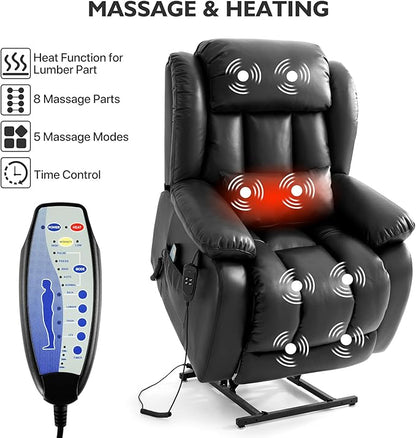 EDILLY Extra Large Power Lift Recliner Chairs for Elderly,Infinite Position Lay Flat Dual Motor Recliners Chair, with Heating and Massage, Breathable Leather,USB Ports and Remote Control(Black)