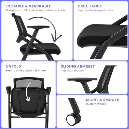 4 Pack Stackable Conference Room Chairs with Wheels and Paddle, Ergonomic Mesh Back and Arms for Meeting, Conference, Reception, Training Room & Home Office Desk Folding Chairs (2 Boxes)