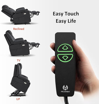 MCombo Power Lift Recliner Chair for Elderly, Lift Chair with Heat and Massage, FSC Certified, USB Ports, Cup Holders, Faux Leather 7040 (Black, Medium)