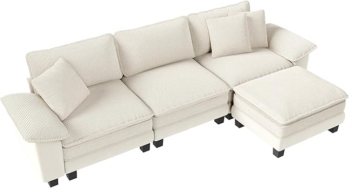 123-Inch L Shaped Sectional Sofa with Cloud Cushions, Deep Seat Modular Couch Set w/ 4 Seats & 1 Ottomans, Plush Chenille & Corduroy Upholstery for Living Room, Apartment - Beige