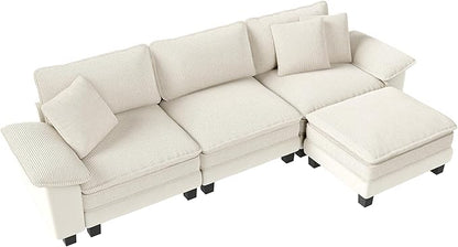 123-Inch L Shaped Sectional Sofa with Cloud Cushions, Deep Seat Modular Couch Set w/ 4 Seats & 1 Ottomans, Plush Chenille & Corduroy Upholstery for Living Room, Apartment - Beige