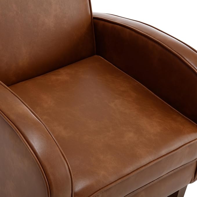 Mid Century Modern Armchair Brown Faux Leather Accent Chair with Arm Comfy Chairs Reading Chair Sofa Chair for Living Room, Rubber Wood Legs