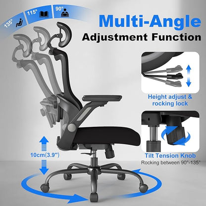 ZZH Ergonomic Office Chair, High Back Home Desk Chair with Adjustable Lumbar Support, Headrest, Flip-Up Arms, 90-135° Tilt Lock and Wide Cushion, Big and Tall Mesh Computer Seating with Wheels