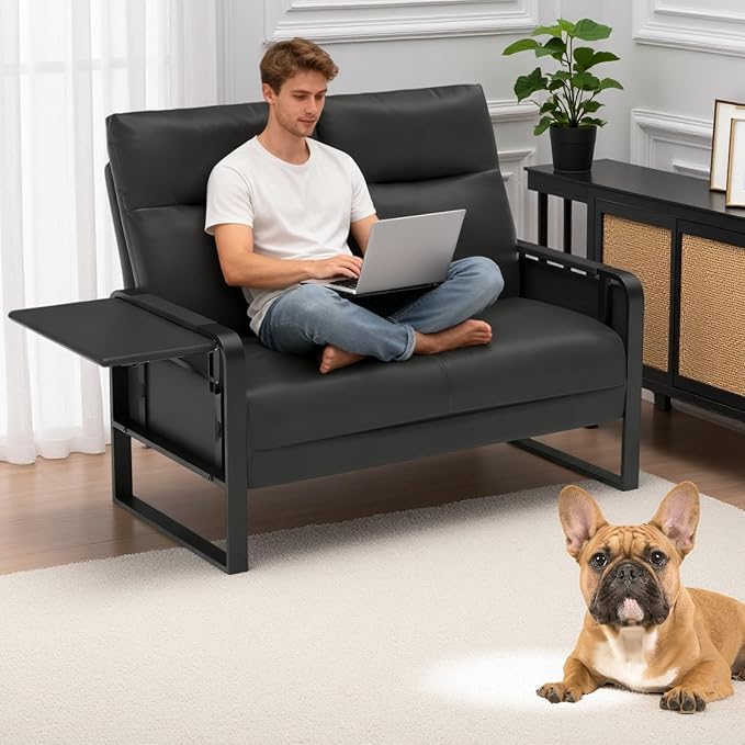 Faux Leather Loveseat, Upholstered Loveseat with Side Tray Table & Storage Pocket, Small Loveseat for Living Room, Modern 2 Seater Sofa Couch for Small Spaces, Bedroom, Black
