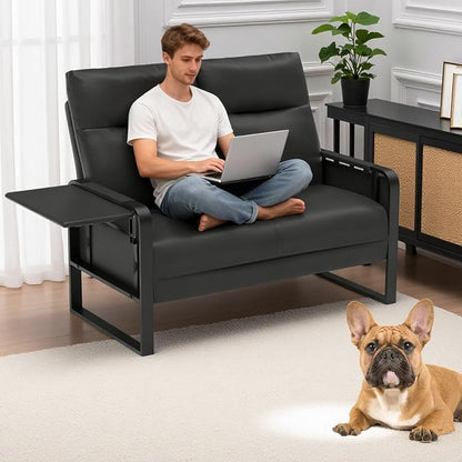Faux Leather Loveseat, Upholstered Loveseat with Side Tray Table & Storage Pocket, Small Loveseat for Living Room, Modern 2 Seater Sofa Couch for Small Spaces, Bedroom, Black