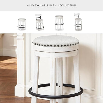 Signature Design by Ashley Valebeck Casual Upholstered Swivel Stool, Round Metal Footrest, Nailhead Trim Detail, Wood, 24", White & Black