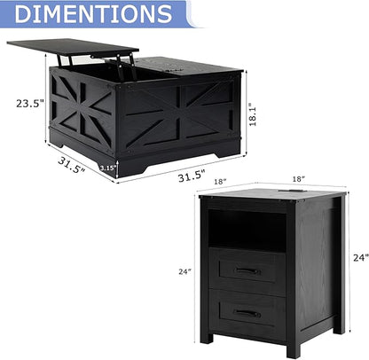 Farmhouse Coffee Table Set of 3, Lift Top Coffee Table with Sliding Barn Doors and Nightstands Set of 2 with Charging Station, Living Room Table Set for Home Office, Brown