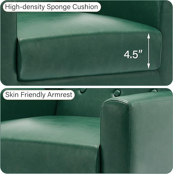 Accent Chair, Mid-Century Modern PU Leather Chairs with Arms for Living Room, Comfy Upholstered Club Single Sofa Armchair for Bedroom Waiting Room with Solid Wood Frame（Leather Green, Set of 2)
