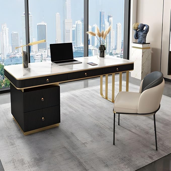 RUNNUP Stone top Computer Desk with 5 Drawers, Rectangular Home Computer Desk Writing Desk, Modern Executive Desk, Without Chairs, Black, 47.5" L x 23.5" W x 29.5" H